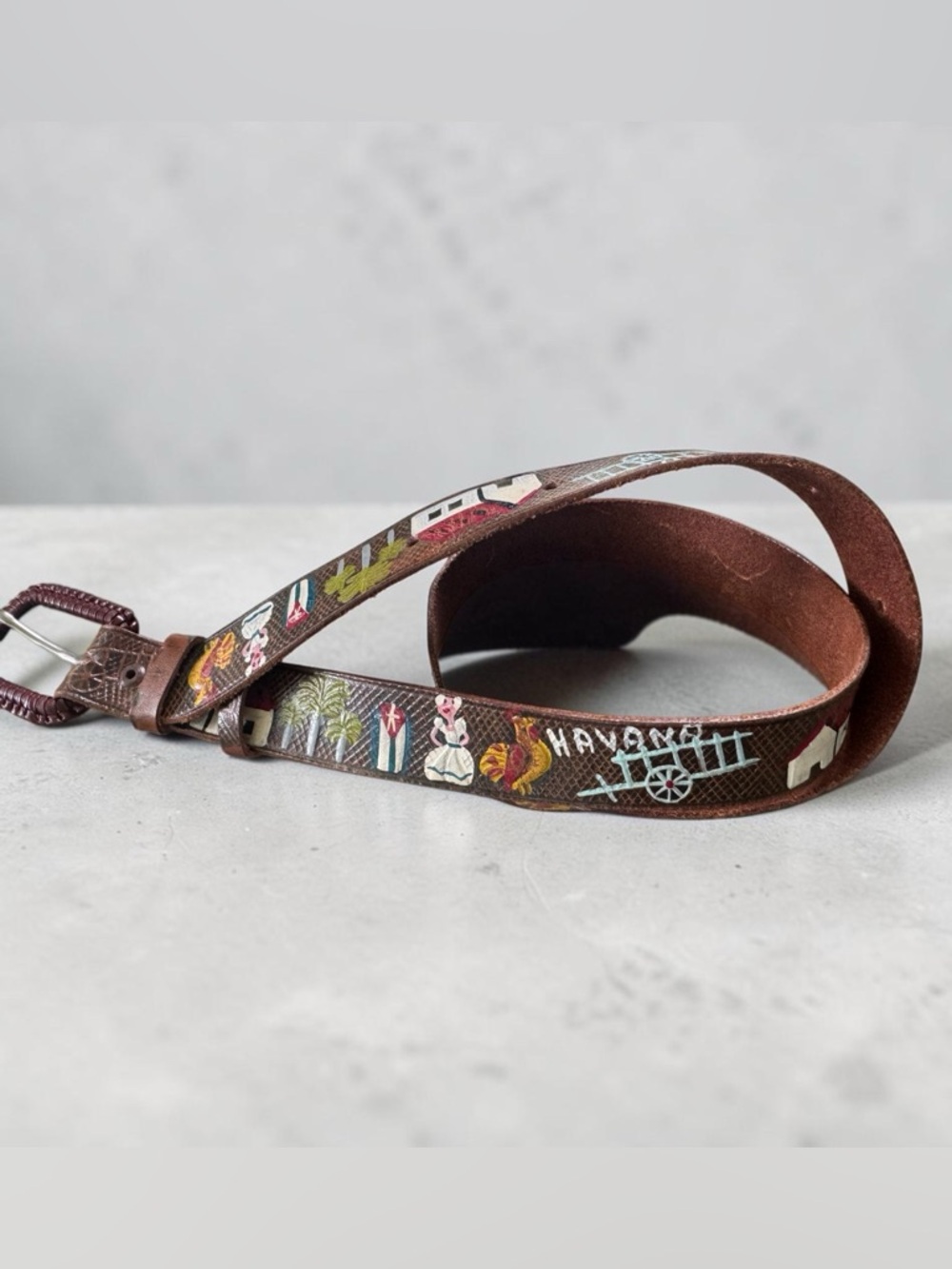 Vtg 70s Havana Cuba Tooled Leather Hand Painted Belt Sz 26 Travel Souvenir Boho